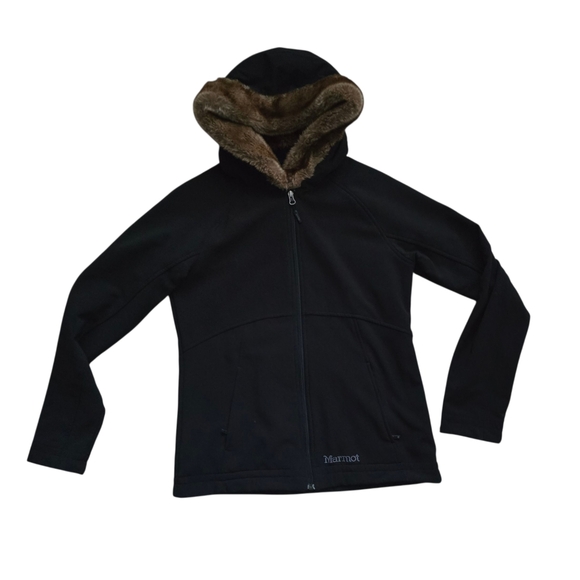 Marmot Softshell Jacket Women’s M Black Faux Fur Hood Water Resistant - Picture 2 of 10